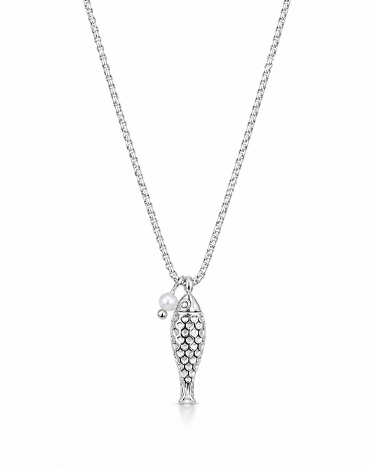 Silver Fish & Pearl Ketting
